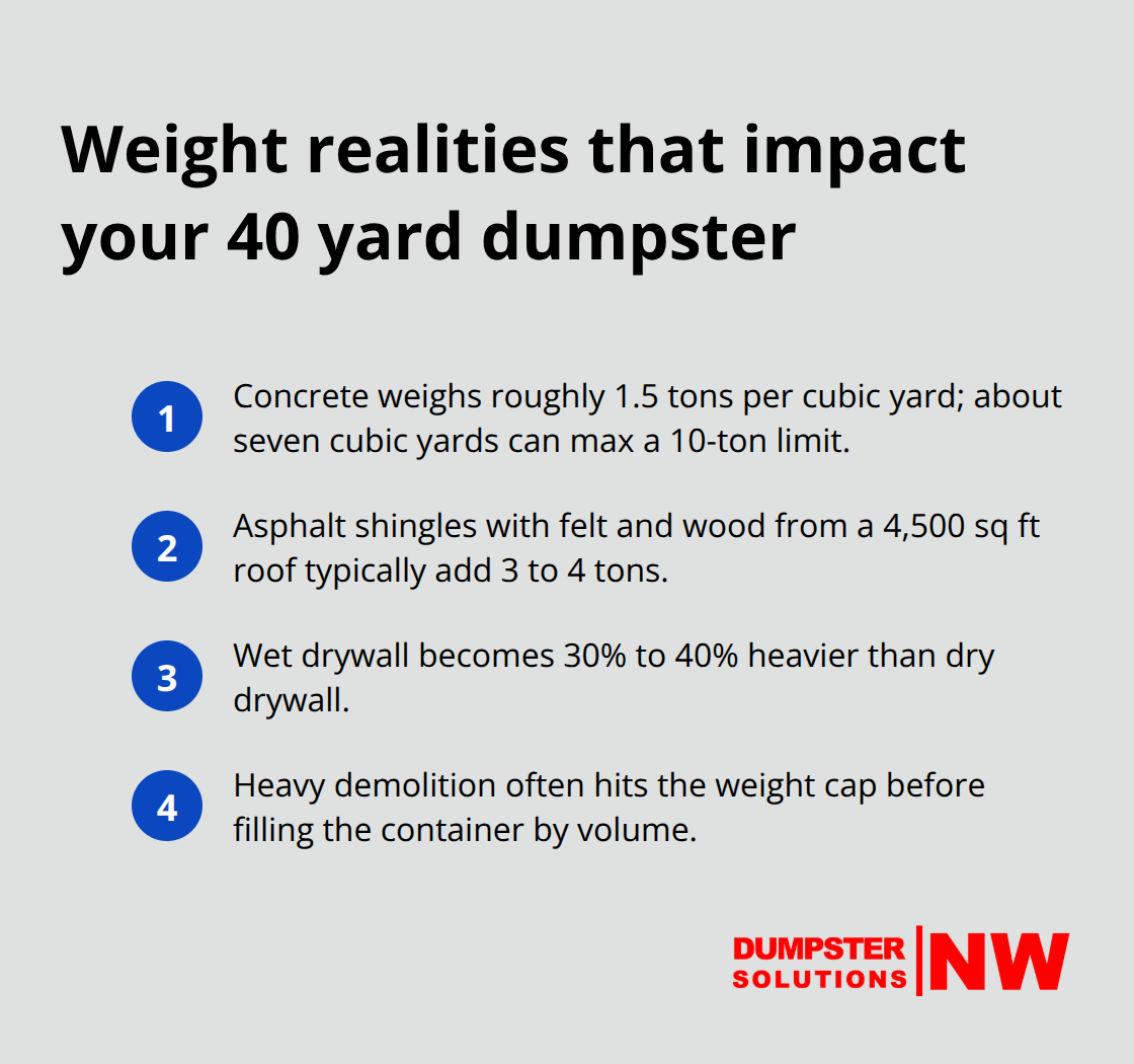 Compact list highlighting weight factors like concrete density, roofing tonnage, wet drywall, and hitting weight limits early. - 40 yard dumpster rental