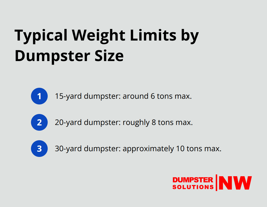 Reference list showing approximate weight capacities for 15-, 20-, and 30-yard dumpsters.