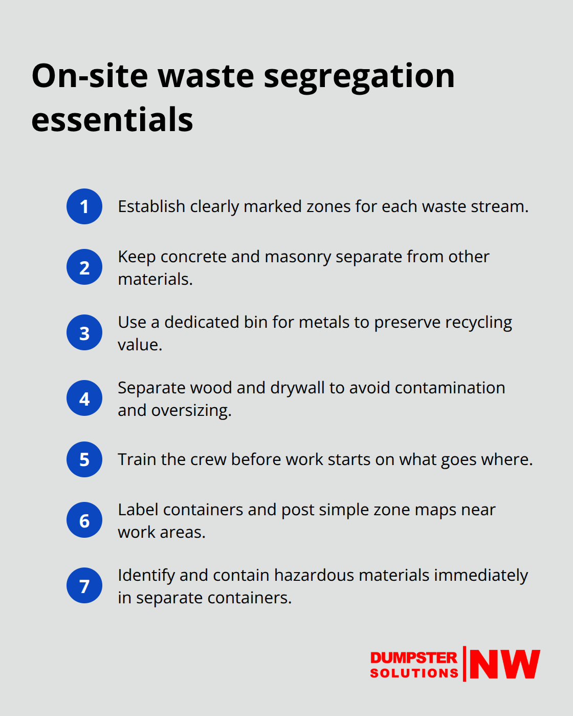 Checklist of core actions to keep construction waste streams separate on the jobsite - Contractors waste removal