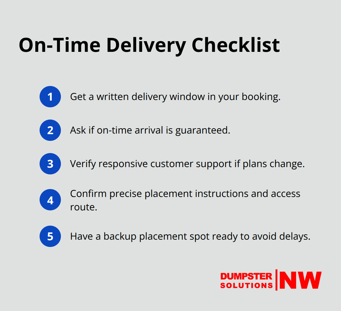 Compact checklist of steps to secure reliable dumpster delivery in Seattle.