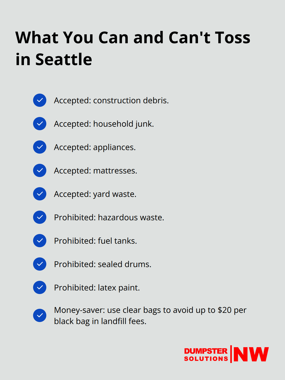 Checkmarked list of accepted and prohibited dumpster materials plus a money-saving bag tip. - Dumpster Rentals Seattle