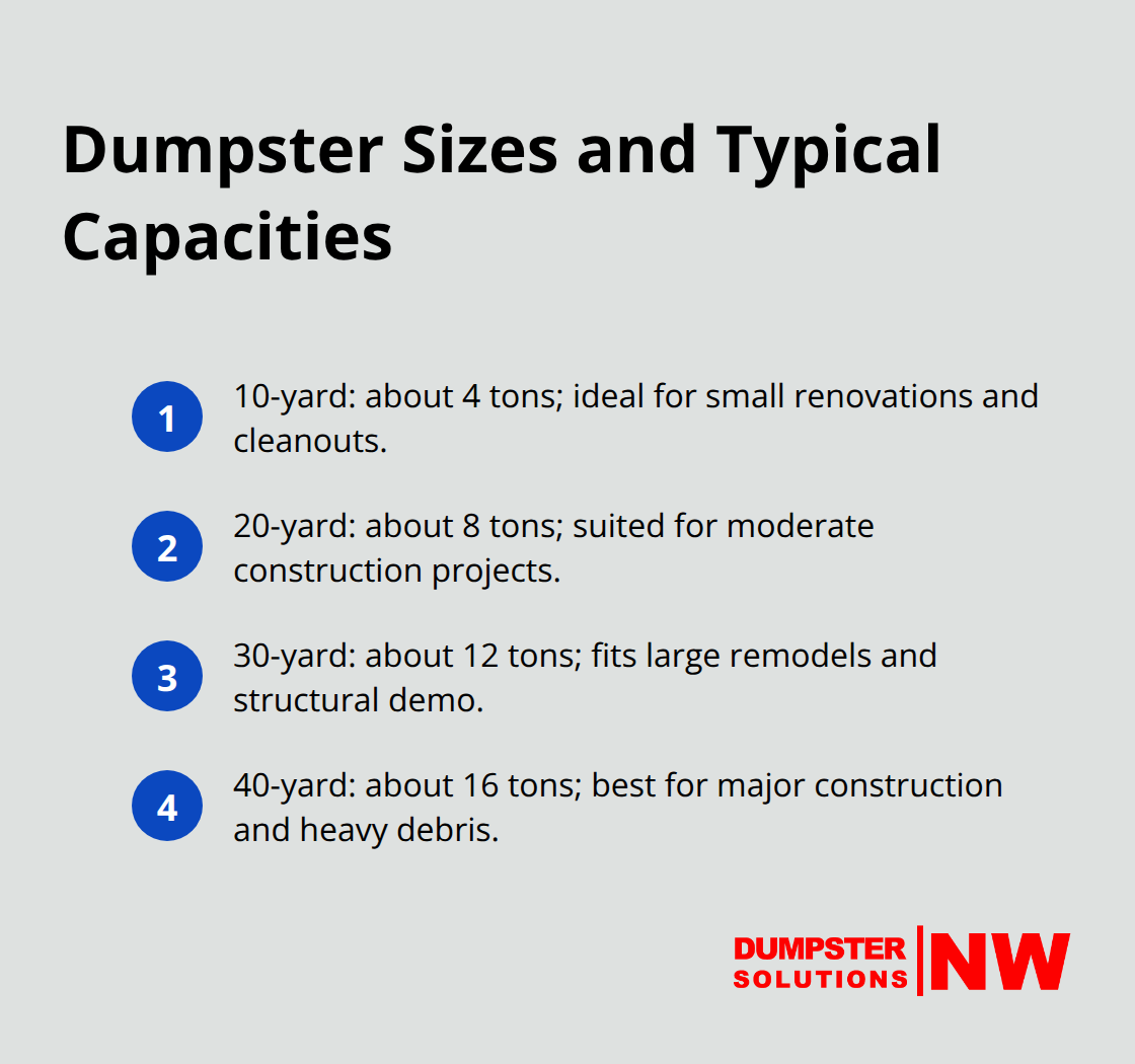 Compact list of common dumpster sizes with approximate capacities and best-fit uses - Jobsite dumpster rental