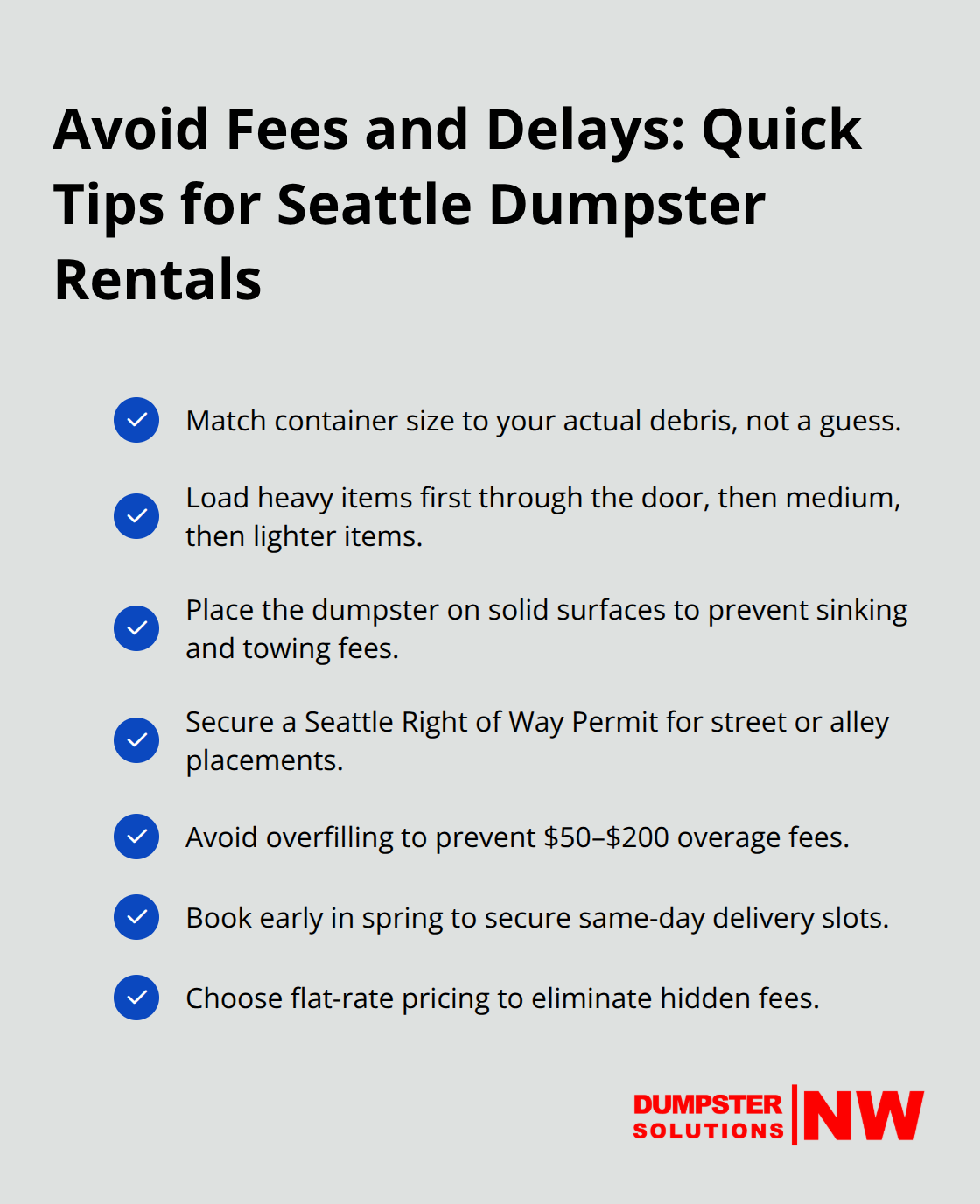 Checklist of tips to prevent overage fees and delays for Seattle dumpster rentals - Local dumpster service Seattle
