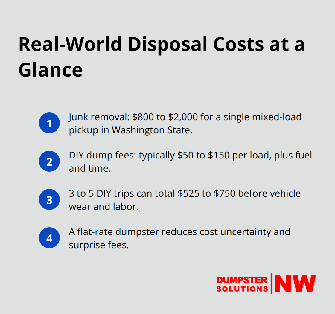 Cost comparison figures for junk removal, DIY trips, and dumpster rental