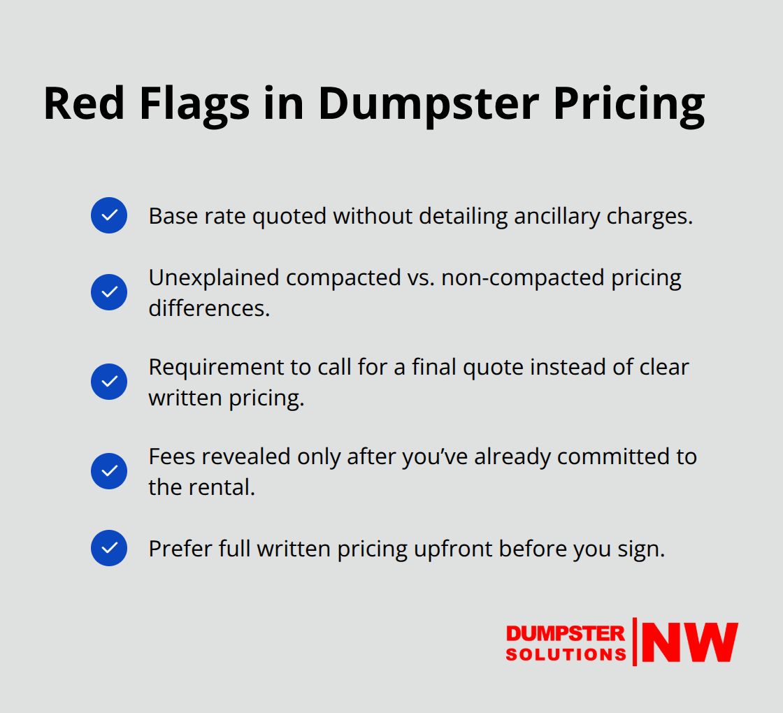 Checklist of common pricing red flags to watch for when renting a dumpster.