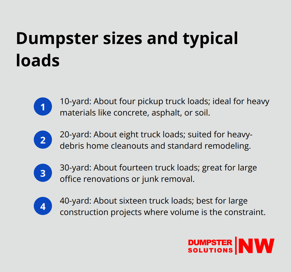 Visual guide mapping 10-, 20-, 30-, and 40-yard dumpsters to approximate pickup-truck loads and common uses - commercial dumpster rentals