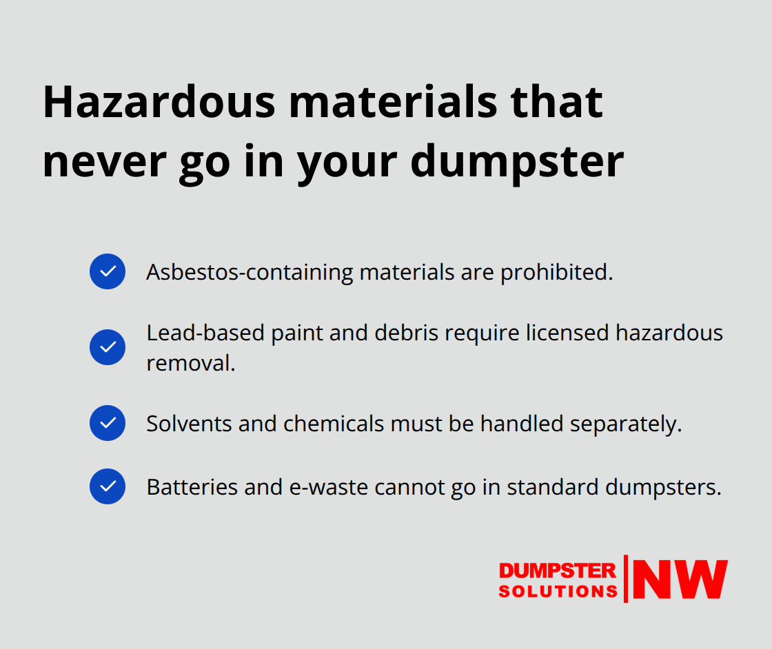 Checklist of hazardous items that must not be placed in a construction dumpster in the U.S. - construction debris dumpster
