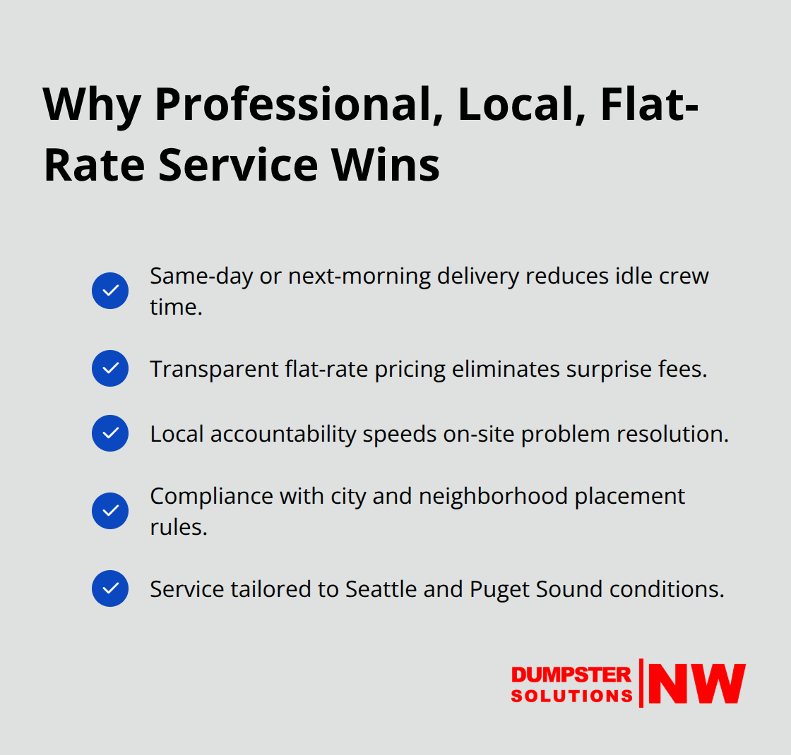 Checkmark list of benefits: fast delivery, transparent pricing, and local accountability. - crew dumpster service