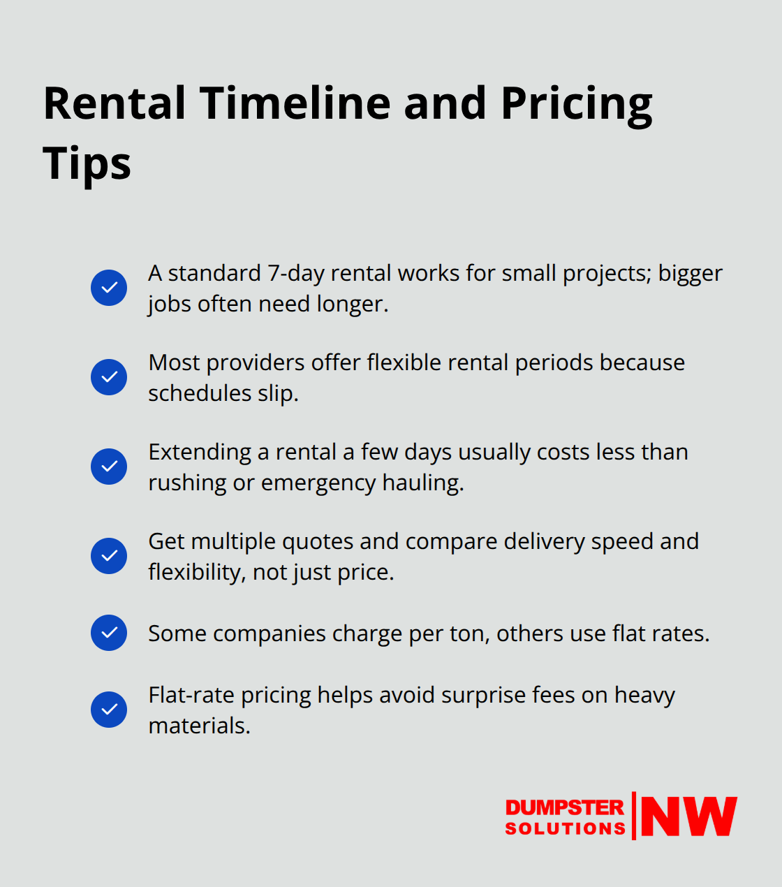 Checklist of dumpster rental timeline and pricing best practices