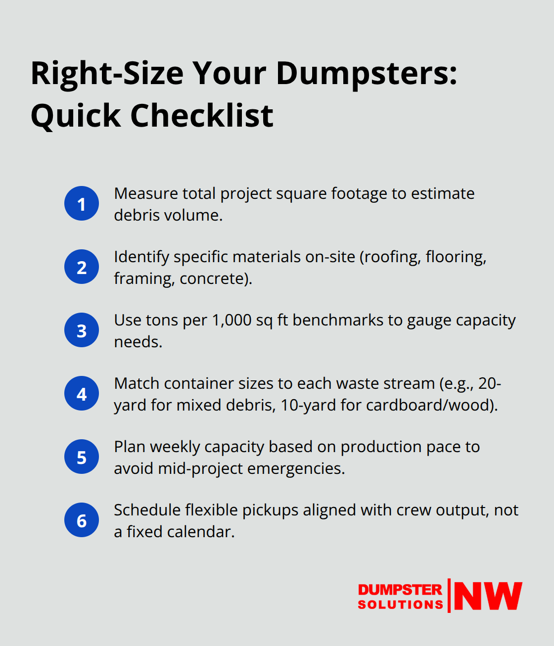 Compact checklist to size and plan multiple dumpsters for a construction project in the U.S. - multiple jobsite dumpsters